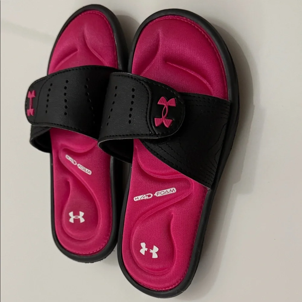 New Under Armour Slide Sandals Girls Youth 1Y Kids Black Hot Pink Foam Ignite